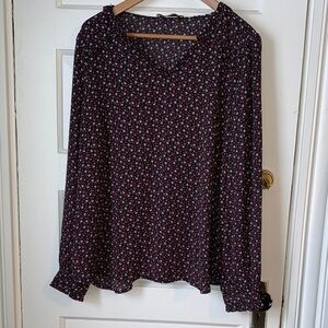 LOFT Black Floral Blouse with Red and White Accents